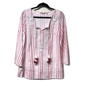 SOFT SURROUNDINGS Red/White Striped Embroidered Tunic, Sz M